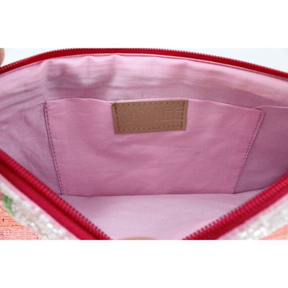 FREE EARRINGS - KAYLEE Peach/Pink Pineapple Beaded Zip Tp Clutch Crossbody NWT - Picture 5 of 6